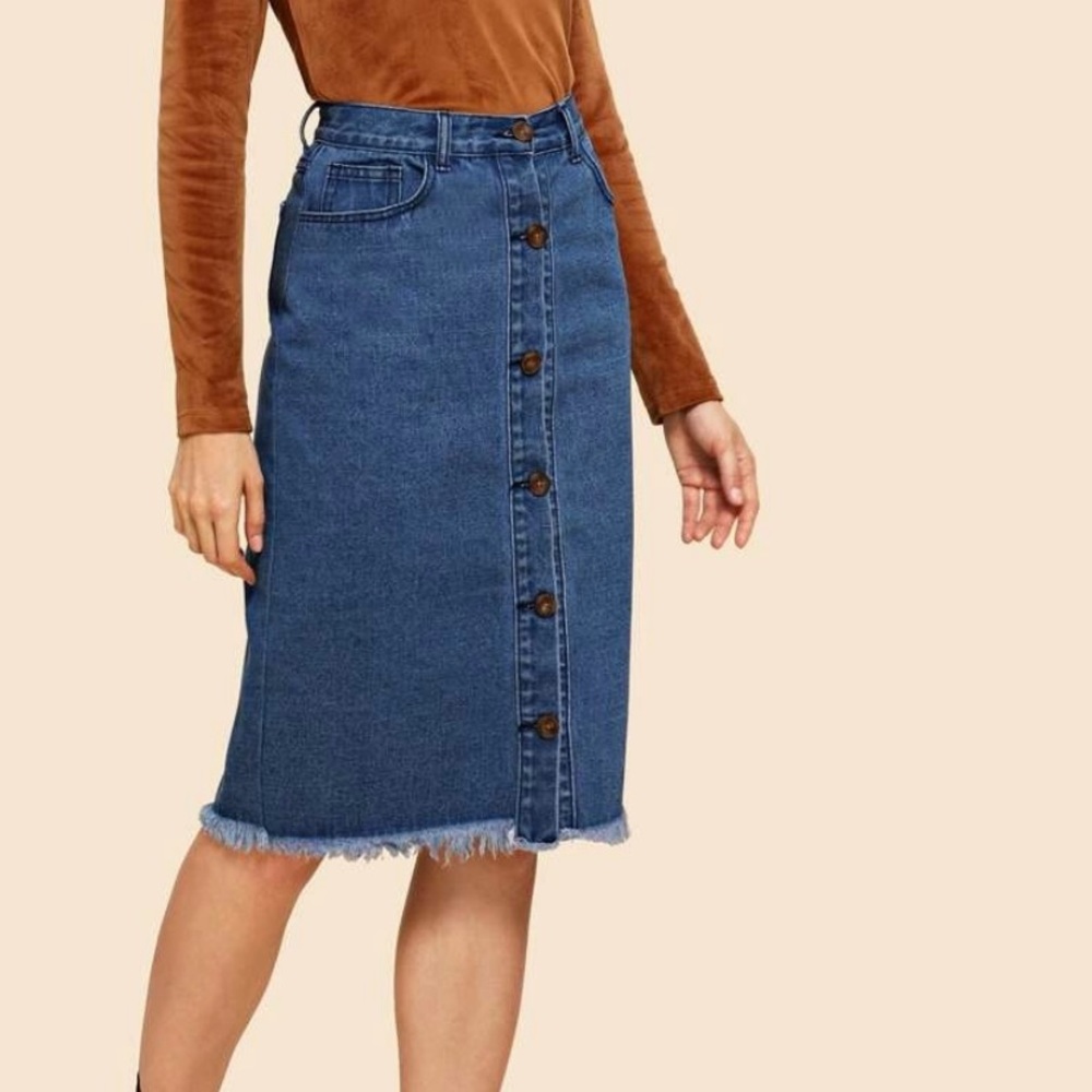 Raw hem button up denim skirt